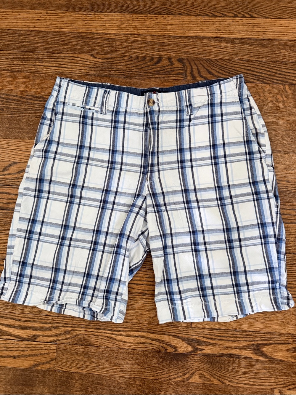 Men's White Plaid Flat Front Shorts with Blue Checks